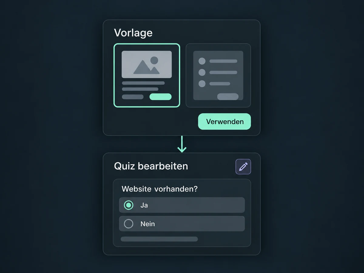 Eine Quiz-Vorlage wird ausgewählt und anschließend mit einer bearbeitbaren Frage angepasst.