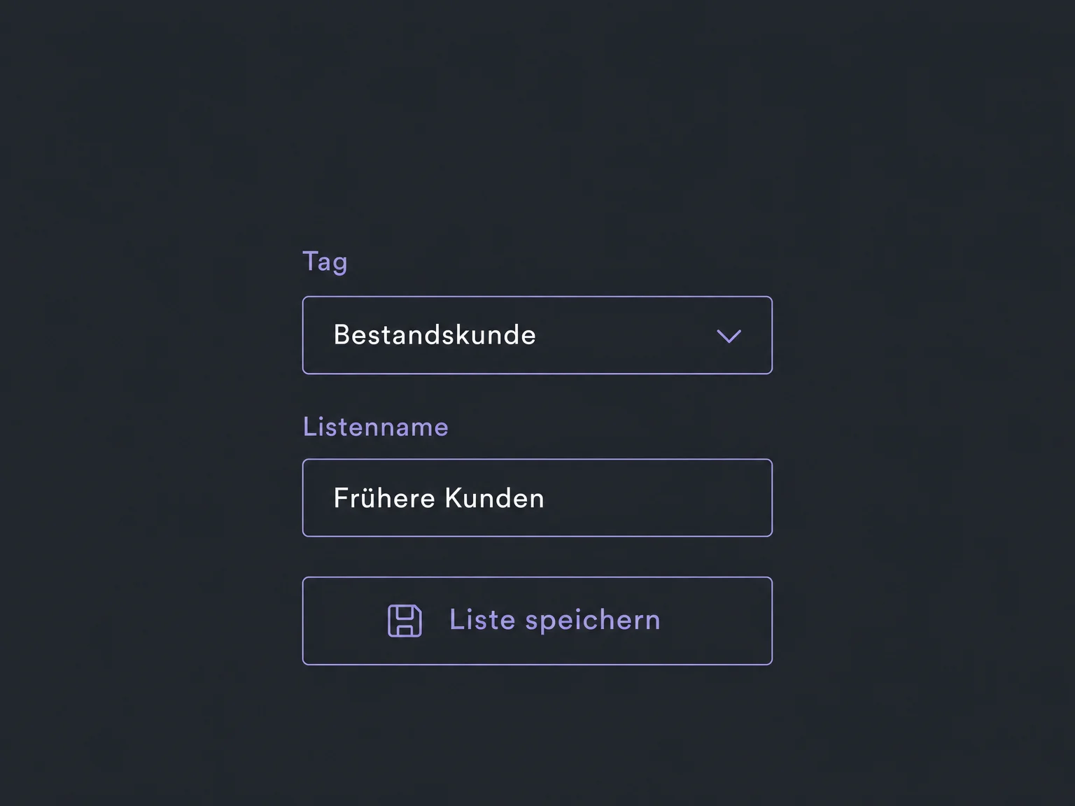 Gespeicherte Filter wählen Bestandskunden aus; die Kontaktliste wird benannt, ohne eine Nachricht zu versenden.