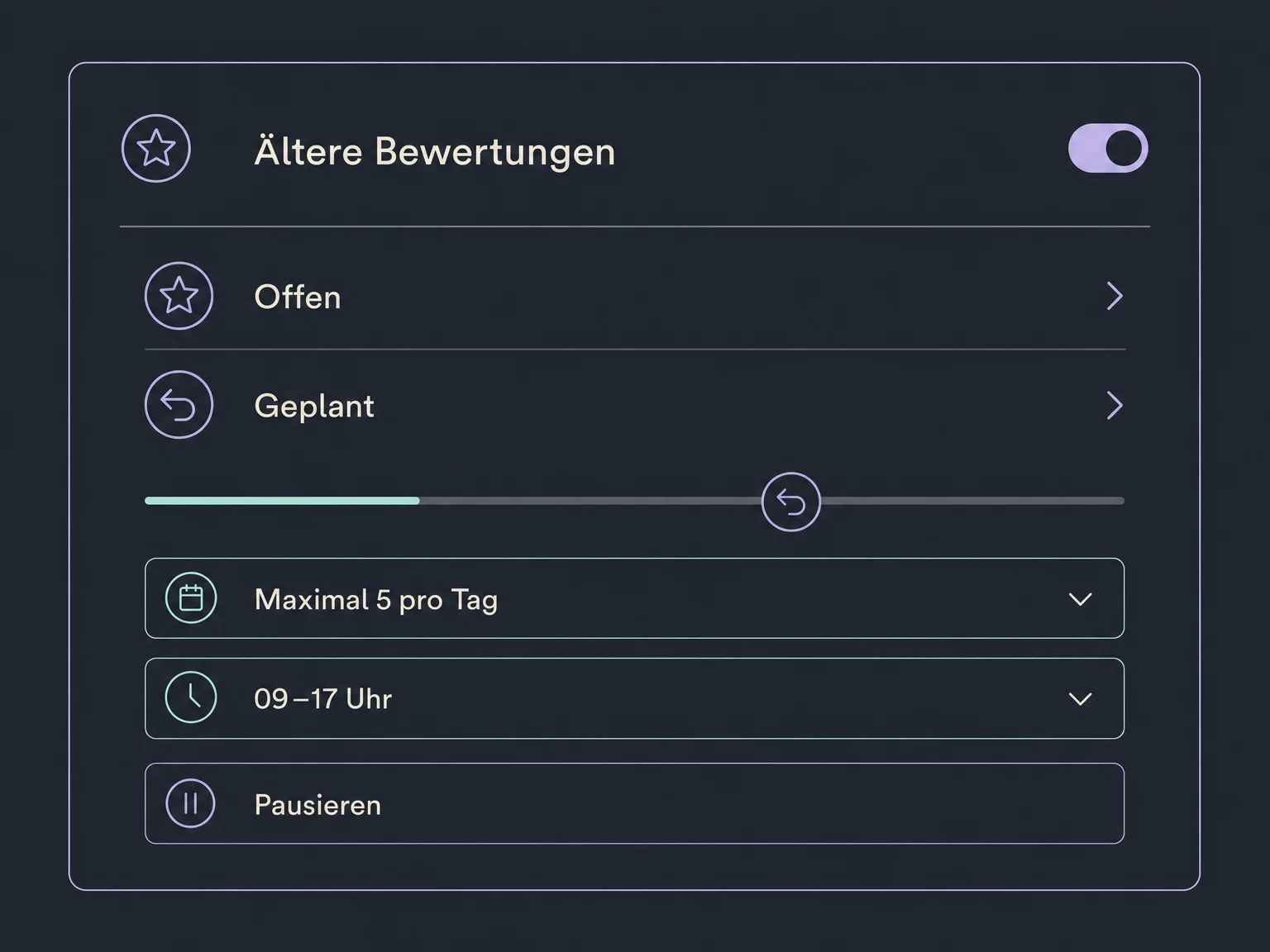 Eine Kampagne für ältere Bewertungen zeigt Tageslimit, Versandzeitfenster und einen Pausenknopf.