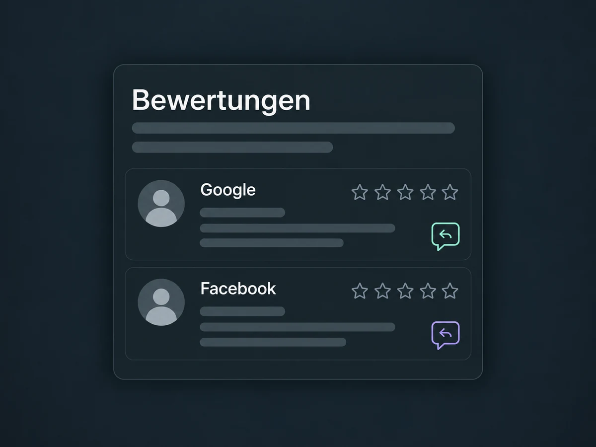 Rückmeldungen aus Google und Facebook stehen in einer gemeinsamen Übersicht mit getrennten Antwortaktionen.