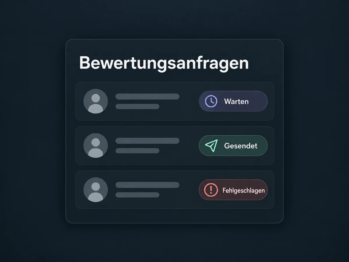 Bewertungsanfragen haben getrennte Versandstatus für Warten, Gesendet und Fehlgeschlagen.