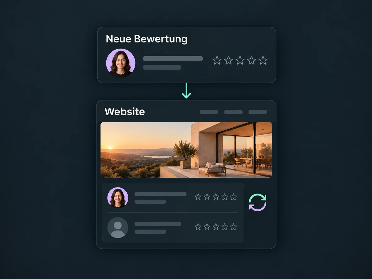 Eine neue Rückmeldung aus einer verbundenen Quelle erscheint beispielhaft im Bewertungswidget der Website.