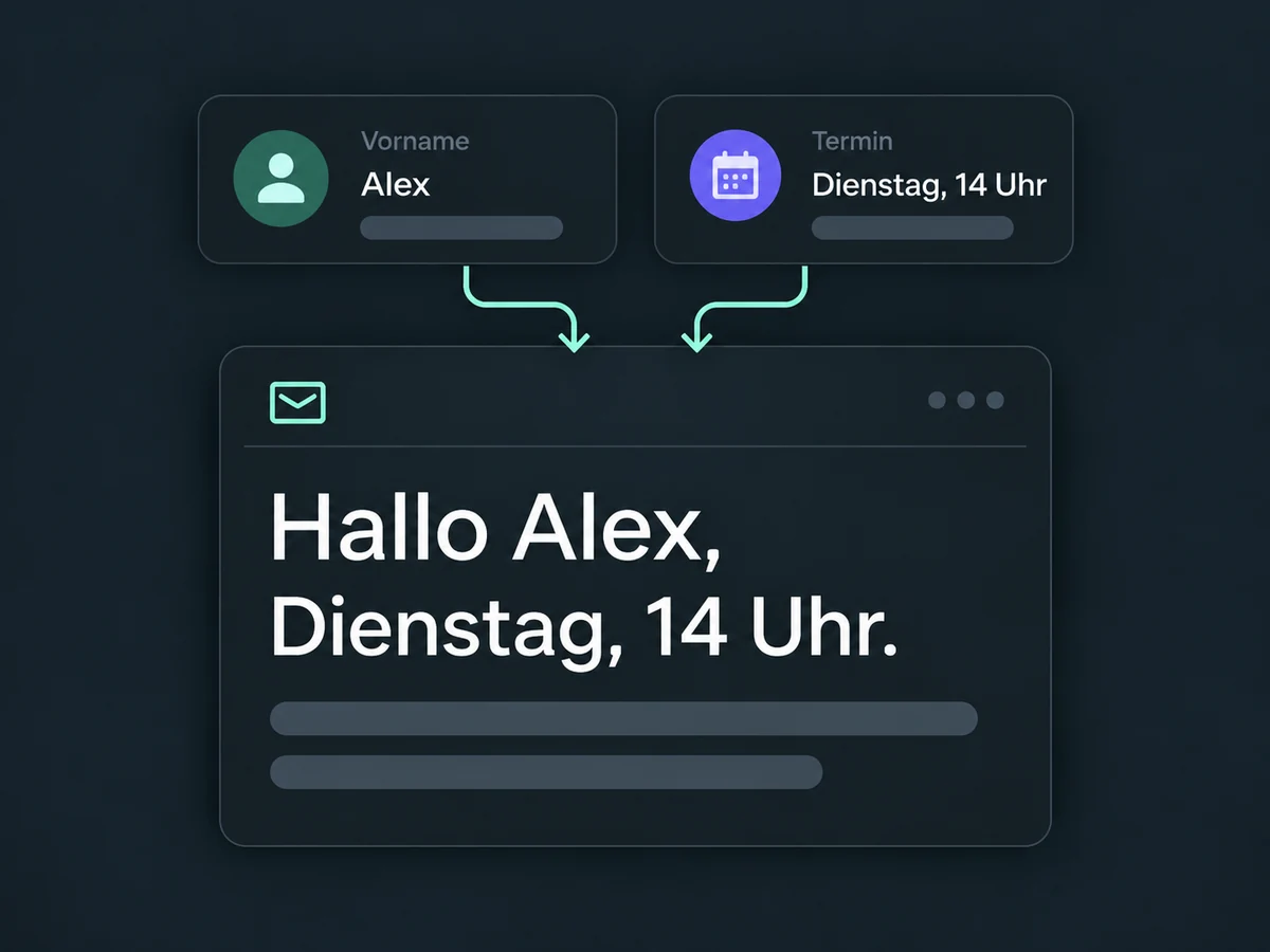 Vorname Alex und der Termin am Dienstag um 14 Uhr werden in die SMS-Vorschau übernommen.