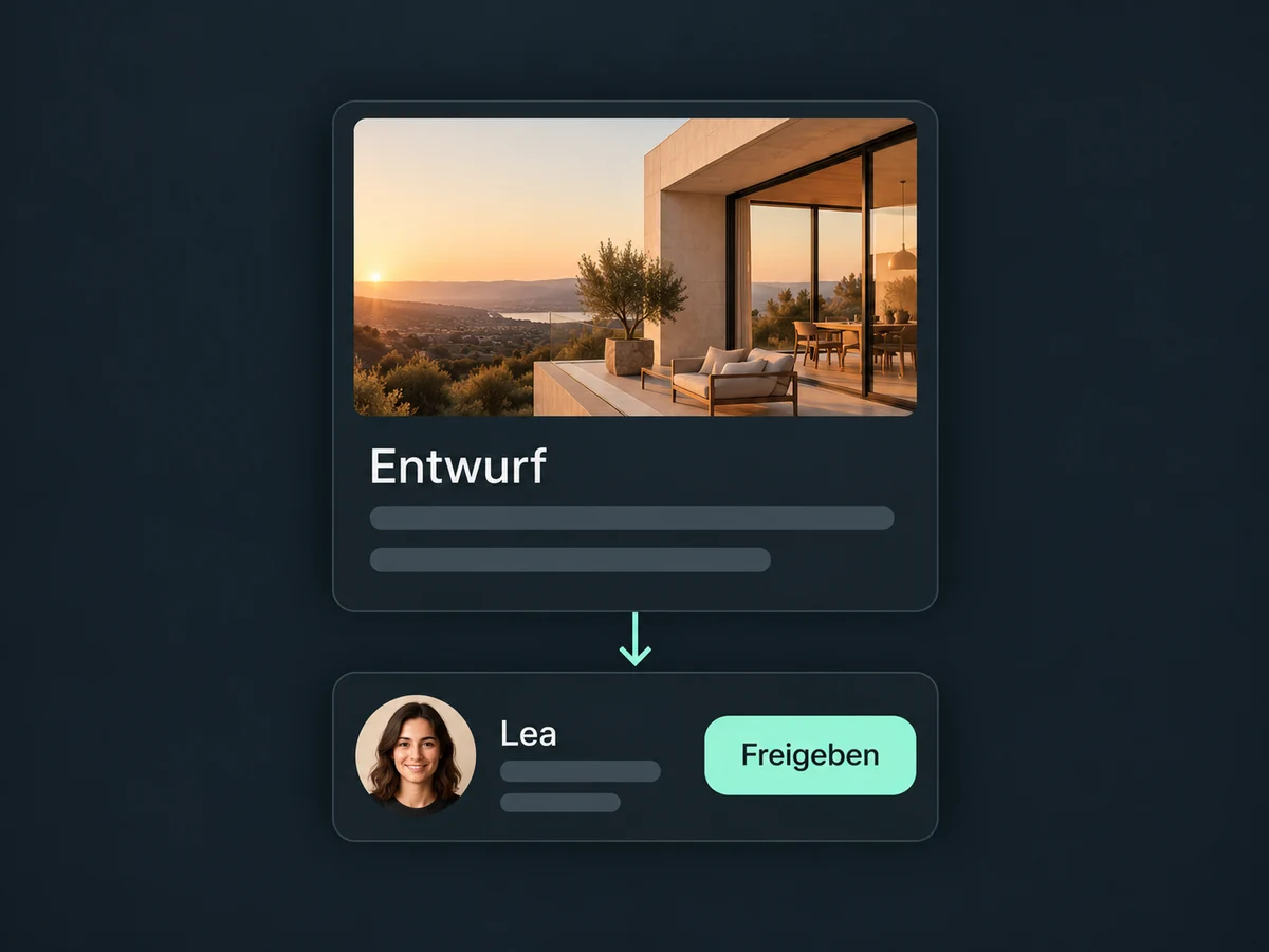 Ein Beitragsentwurf mit Architekturmotiv liegt bei Lea zur Prüfung und Freigabe.