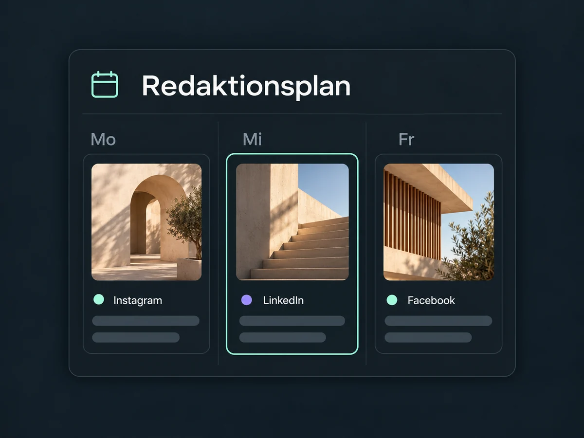 Der Redaktionsplan zeigt geplante Beiträge für Instagram, LinkedIn und Facebook im selben Kalender.