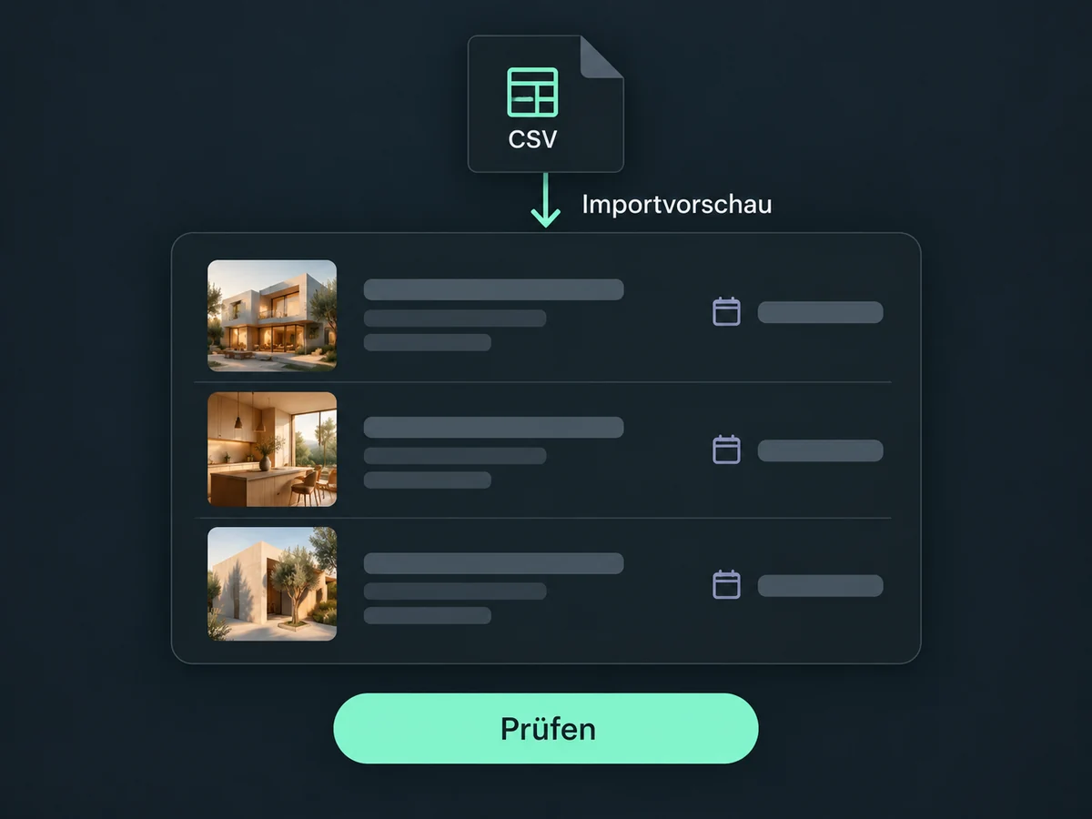Vorbereitete Beiträge aus einer CSV-Datei erscheinen mit Medien und Terminen in der Importvorschau.