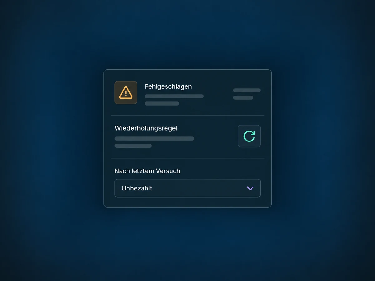 Eine Wiederholungsregel für fehlgeschlagene Zahlungen lässt das Abo nach dem letzten Versuch unbezahlt.