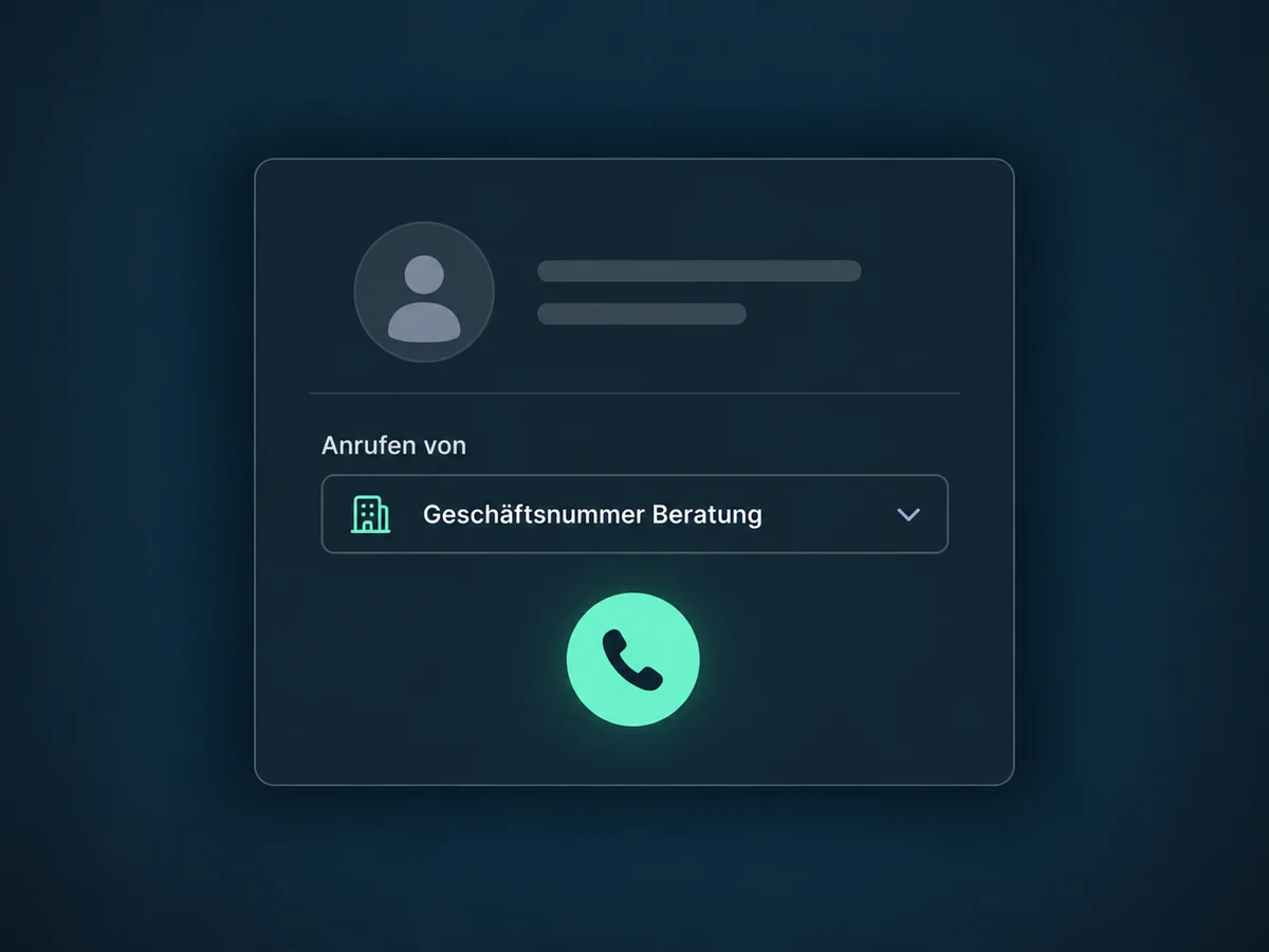 Vor dem Anruf ist die freigegebene Geschäftsnummer Beratung ausgewählt.
