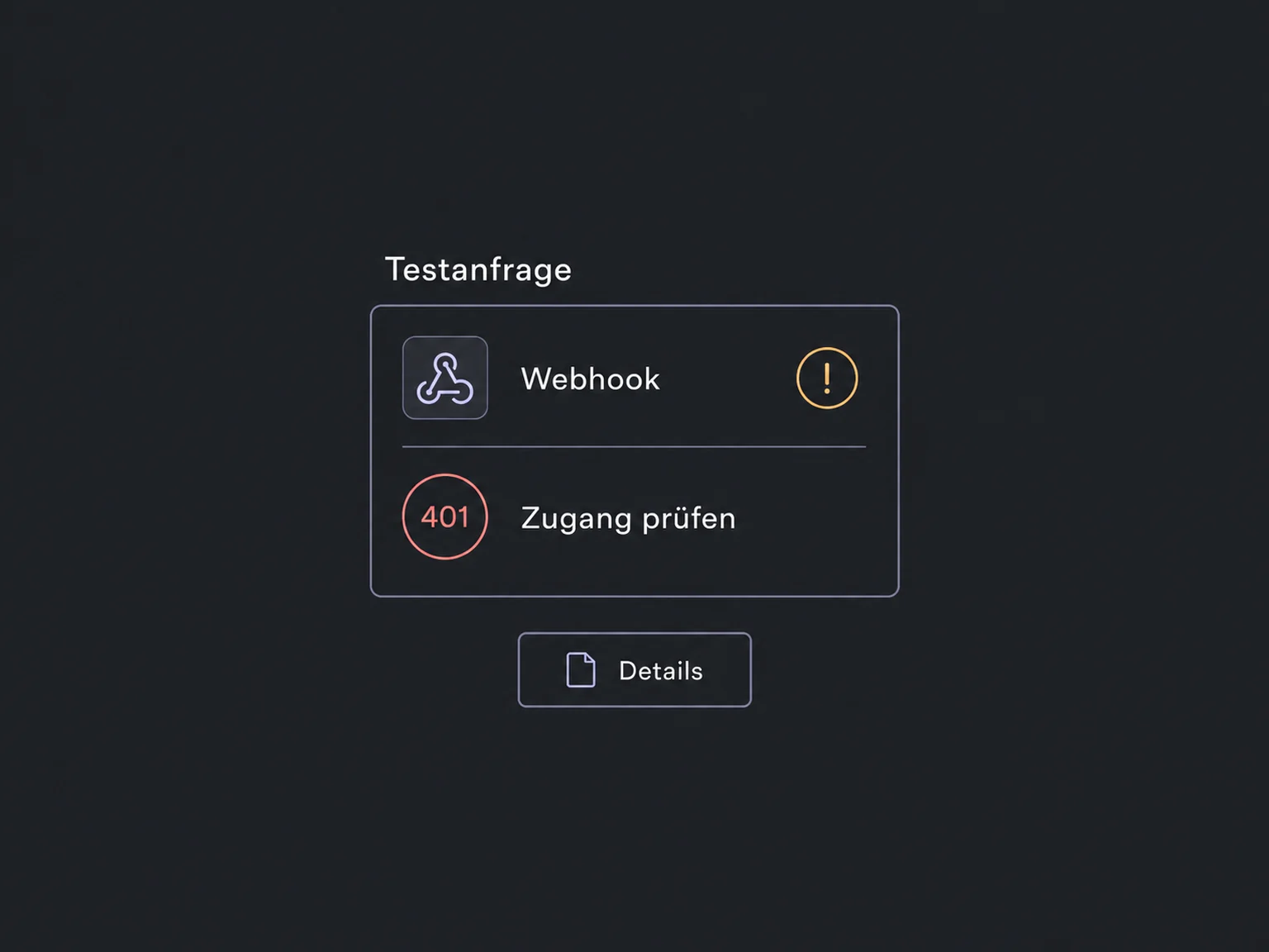 Eine Webhook-Testanfrage zeigt Fehler 401 und fordert zur Prüfung des Zugangs auf.