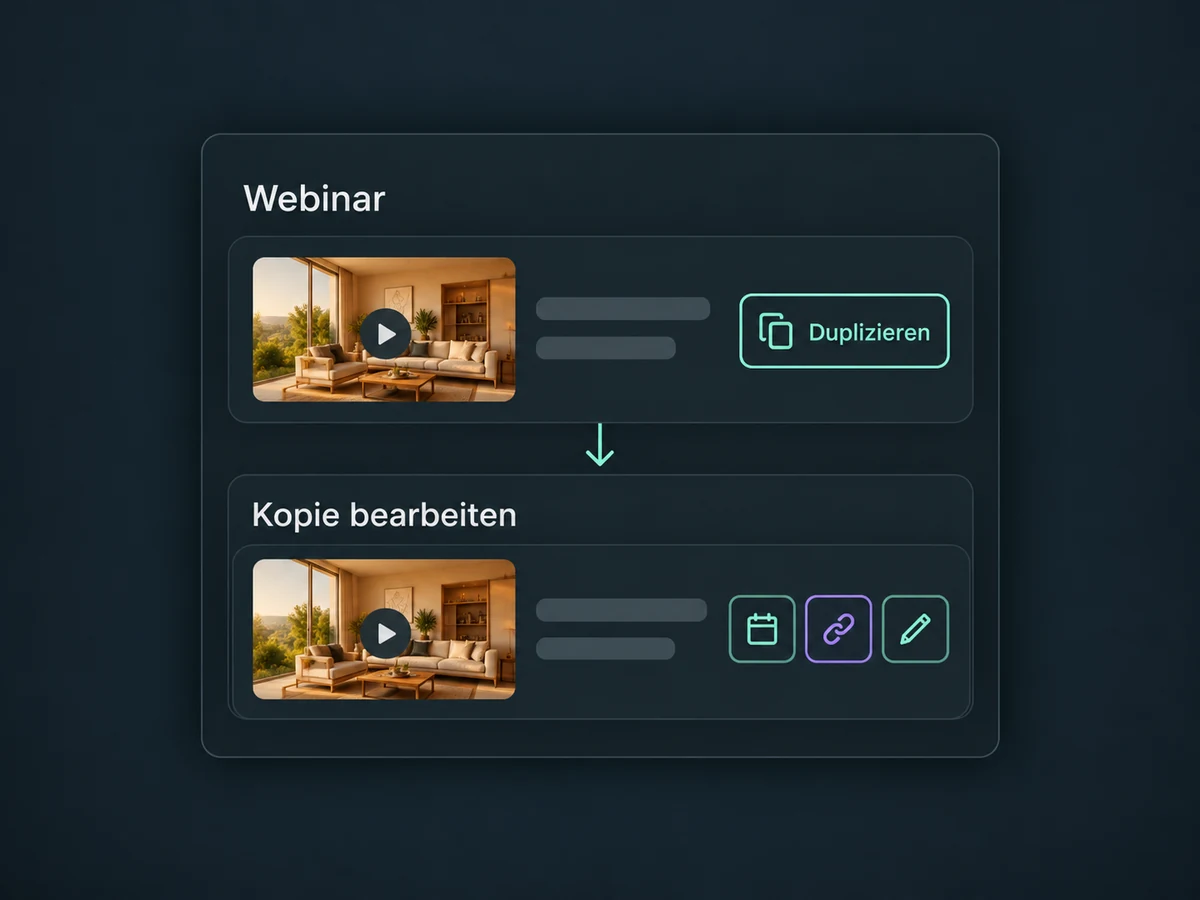 Ein vorhandenes Webinar wird dupliziert; Datum, Link und Inhalte der Kopie bleiben bearbeitbar.