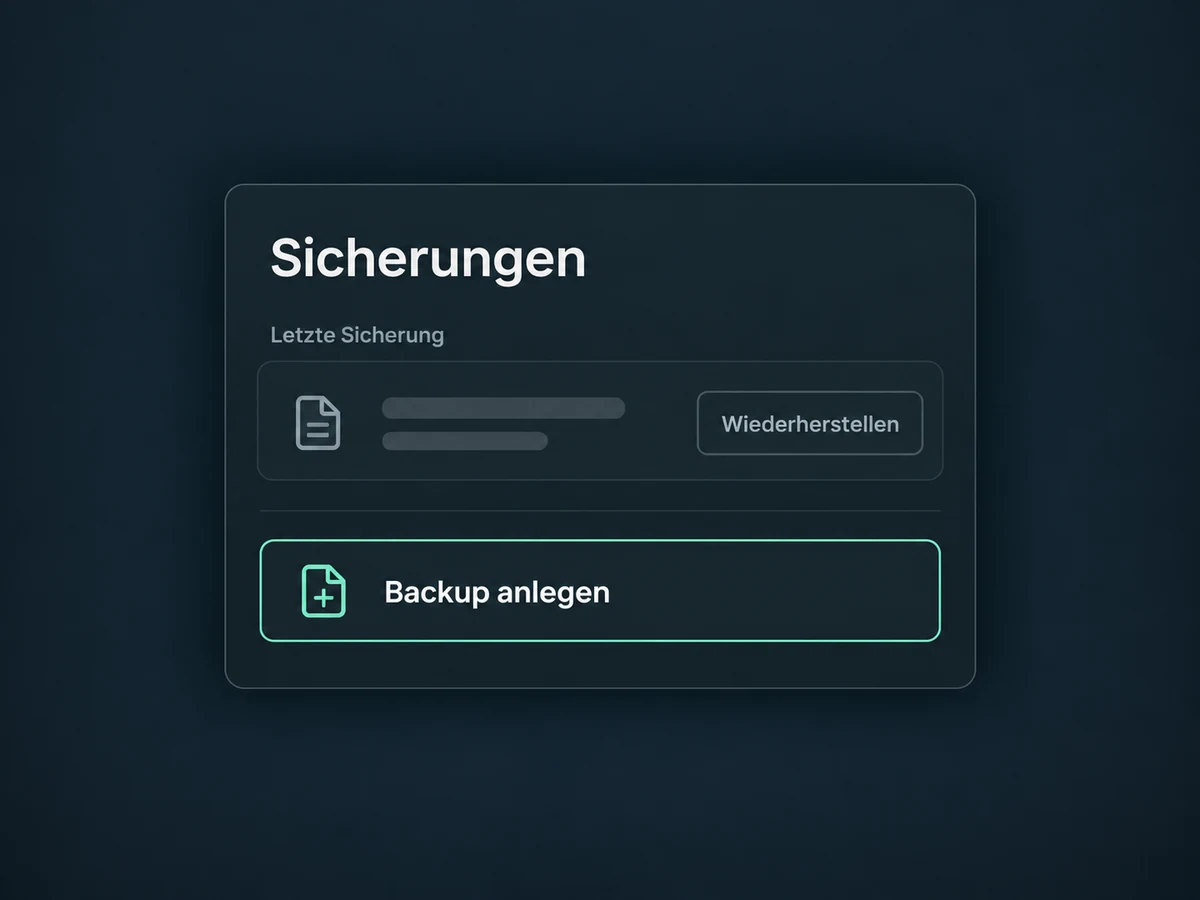 Eine Sicherungsliste bietet getrennte Aktionen für ein neues Backup und eine Wiederherstellung.