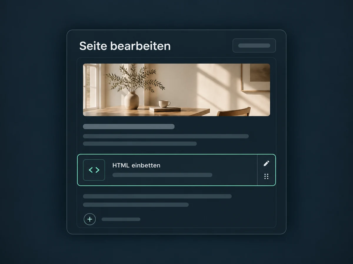 Ein Seiteneditor zeigt einen ausgewählten HTML-Block zum Einbetten weiterer Funktionen.