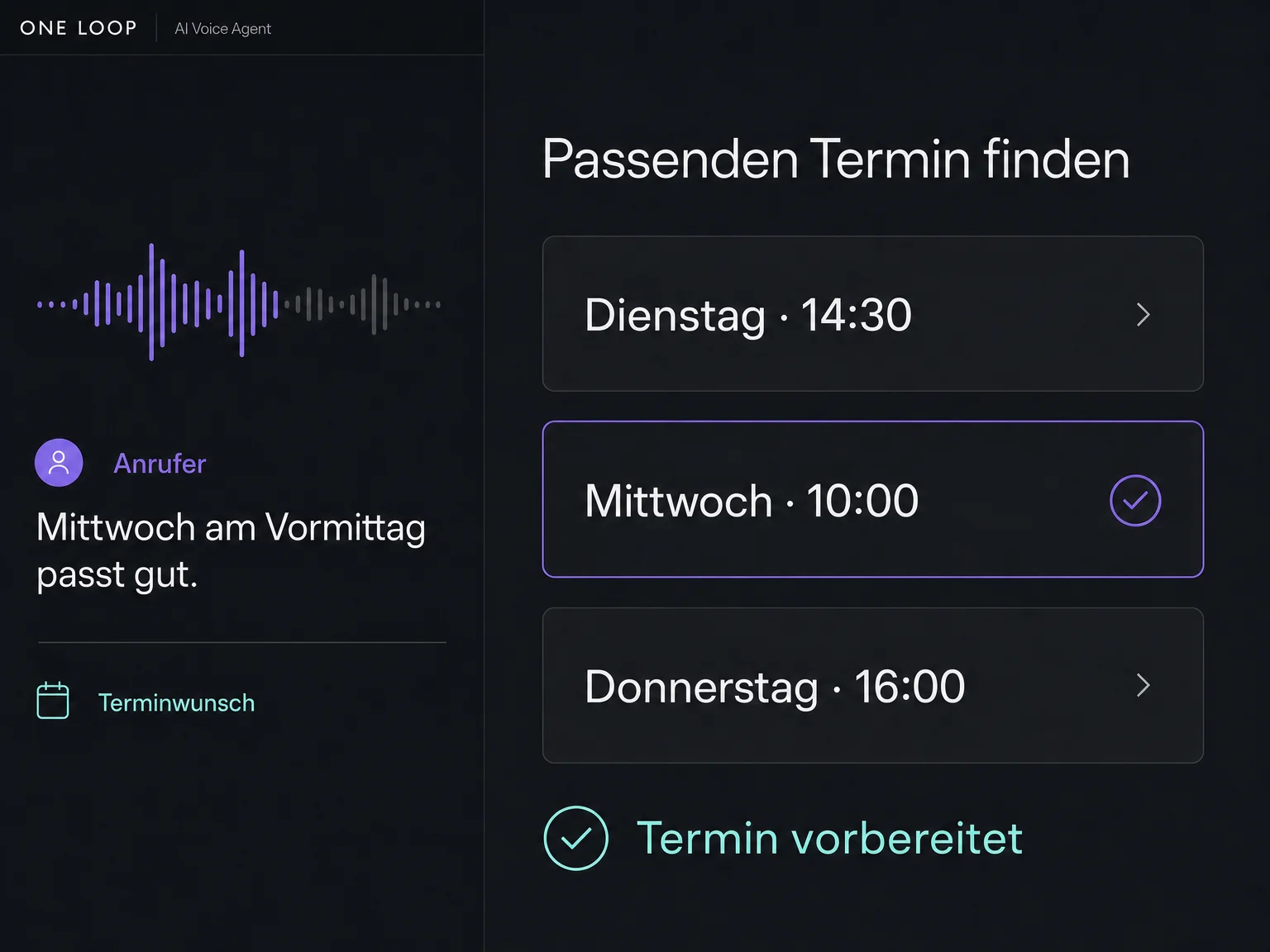 Beispielansicht: Ein Terminwunsch führt zu einem vorbereiteten Kalendertermin