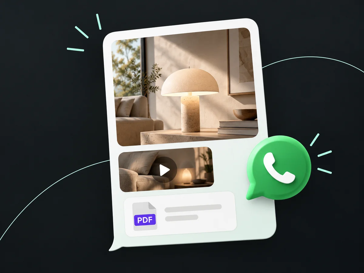 Ein Produktbild, ein Video und eine PDF in einer vereinfachten Chat-Nachricht.